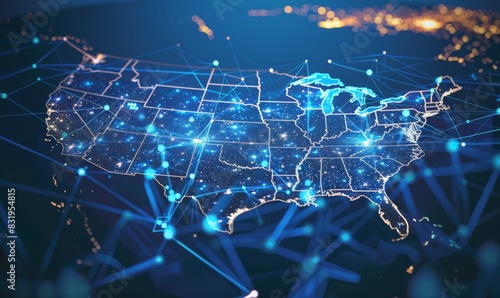 Futuristic technology USA map with glowing lights, global communication and connection concept.