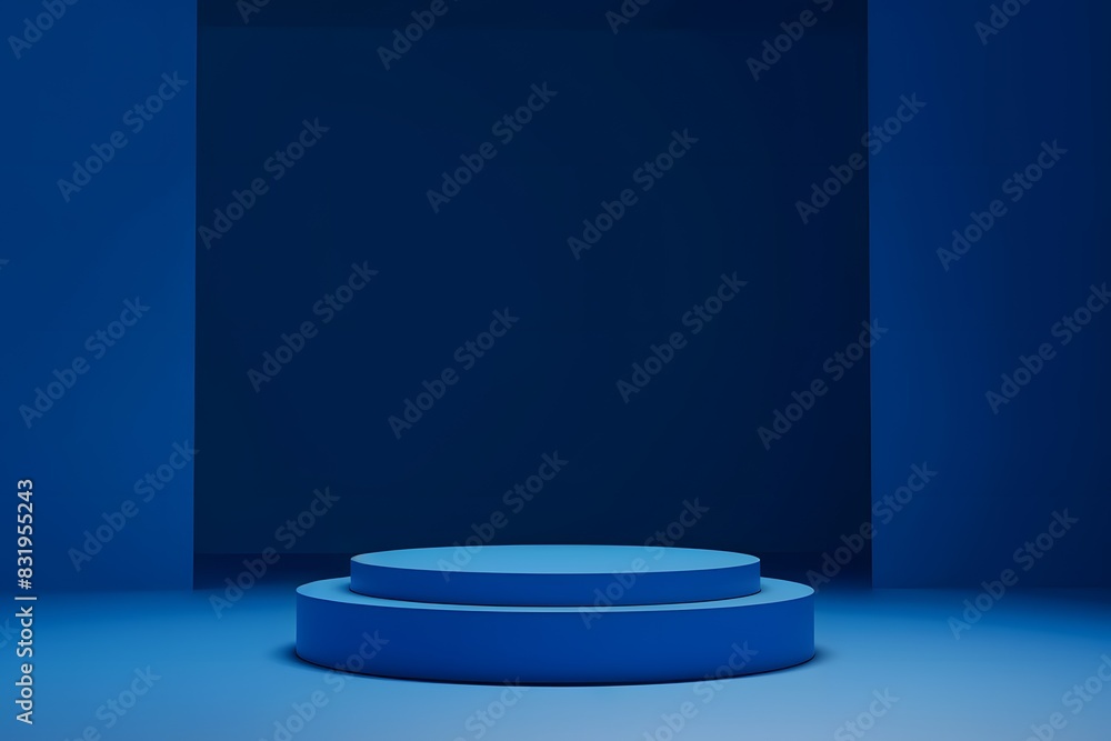 Minimalist blue background for product presentation with empty round circular podium, dark studio with soft lighting and shadows in the style of an empty round circular podium, dark studio with soft l Minimalist blue background for product presentation with empty round circular podium, dark studio with soft lighting and shadows in the style of an empty round circular podium, dark studio with soft l