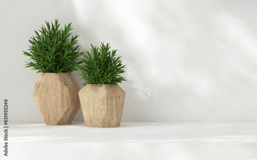 Tropical plants in modern design wooden pot on white table counter in dappled sunlight, leaf foliage shadow for organic luxury beauty, skincare, cosmetic, body care product display background 3D Tropical plants in modern design wooden pot on white table counter in dappled sunlight, leaf foliage shadow for organic luxury beauty, skincare, cosmetic, body care product display background 3D