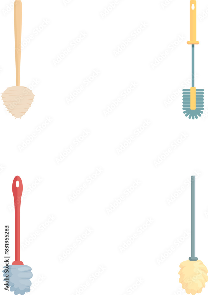 Toilet brush icons set cartoon vector. Tool for cleaning plumbing equipment. Household concept Toilet brush icons set cartoon vector. Tool for cleaning plumbing equipment. Household concept