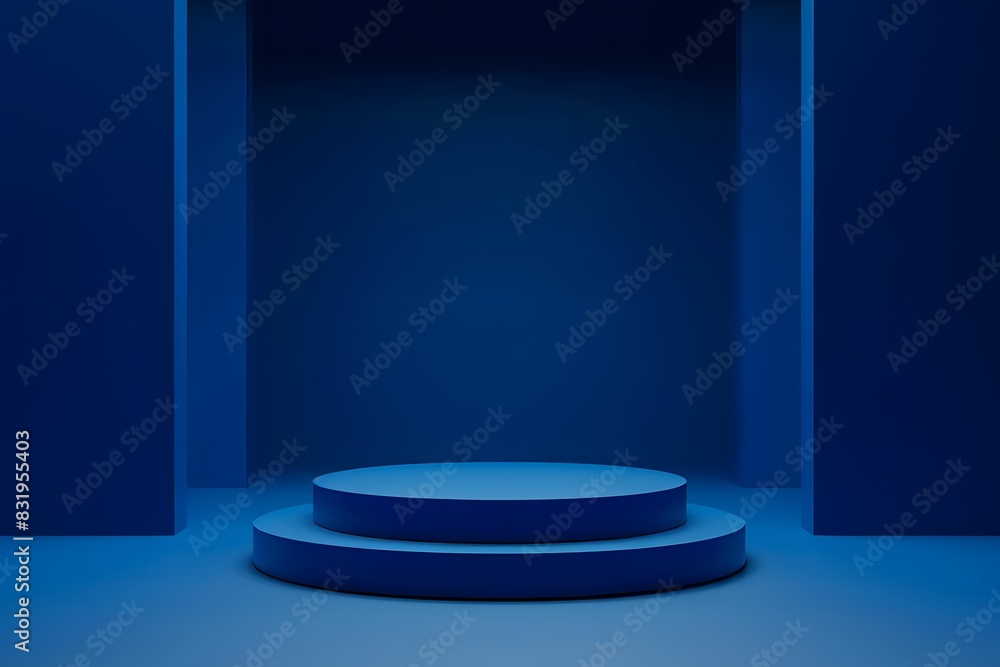 Minimalist blue background for product presentation with empty round circular podium, dark studio with soft lighting and shadows in the style of an empty round circular podium, dark studio with soft l Minimalist blue background for product presentation with empty round circular podium, dark studio with soft lighting and shadows in the style of an empty round circular podium, dark studio with soft l