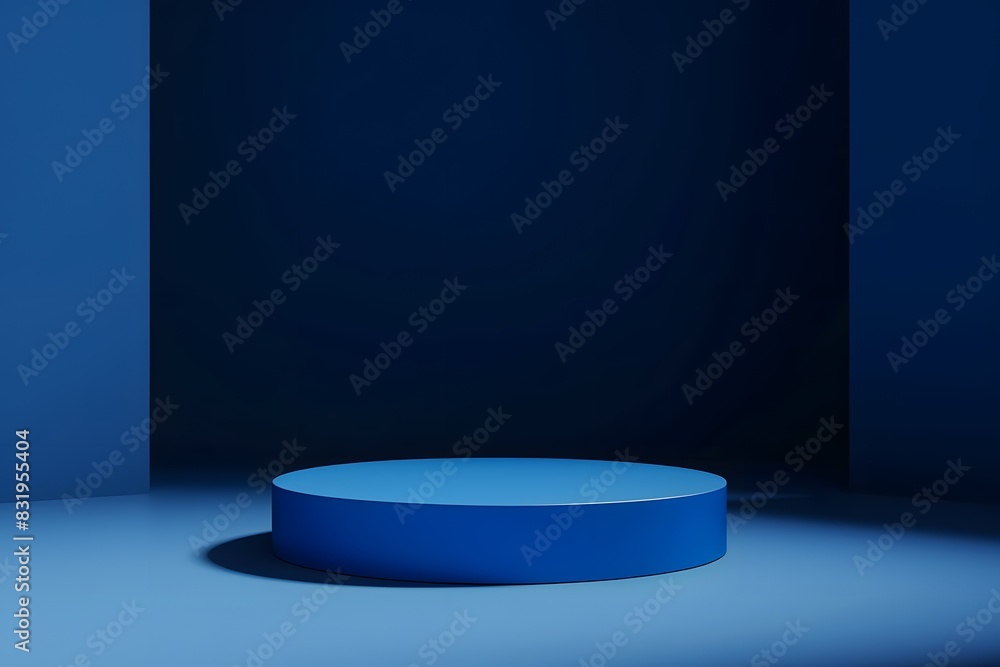 Minimalist blue background for product presentation with empty round circular podium, dark studio with soft lighting and shadows in the style of an empty round circular podium, dark studio with soft l Minimalist blue background for product presentation with empty round circular podium, dark studio with soft lighting and shadows in the style of an empty round circular podium, dark studio with soft l