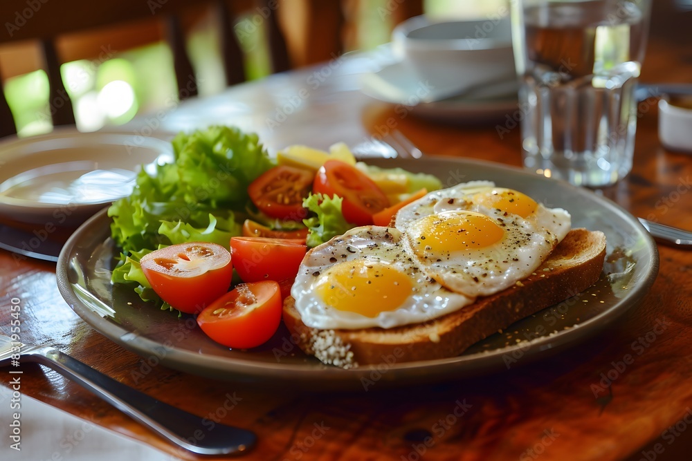 Toasted bread with fried eggs, tomatoes and lettuce on the plate. Breakfast or dinner. Toasted bread with fried eggs, tomatoes and lettuce on the plate. Breakfast or dinner.
