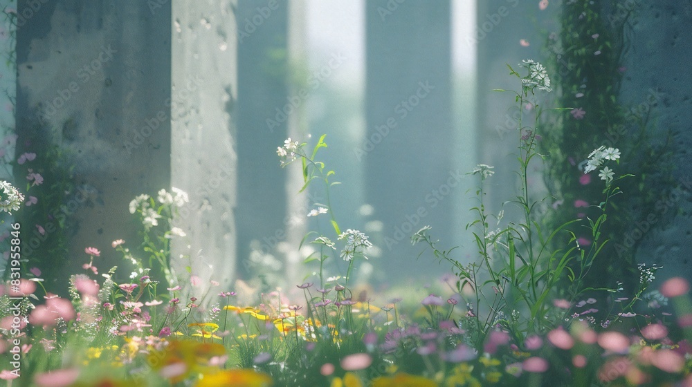 Obraz premium Towering 3D walls hold sway over an ethereal garden, where flowers sway in the gentle breeze, casting a spell of calm.