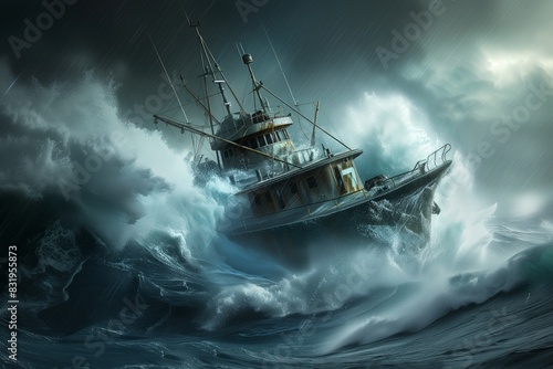 Fishing boat in the sea storm