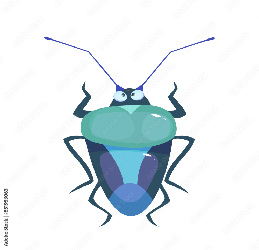Cute bug icon. Sticker with adorable jumping and flying insect. Child drawing of beautiful beetle with antennae and wings. Cartoon flat vector illustration isolated on white background Cute bug icon. Sticker with adorable jumping and flying insect. Child drawing of beautiful beetle with antennae and wings. Cartoon flat vector illustration isolated on white background