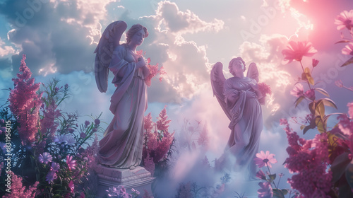 there are two statues of angels in a field of flowers photo
