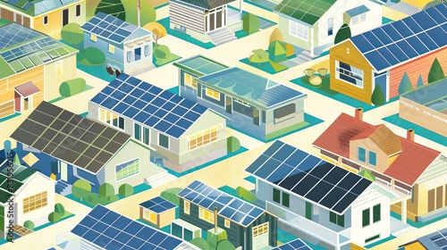 A city with a lot of green spaces and houses with solar panels