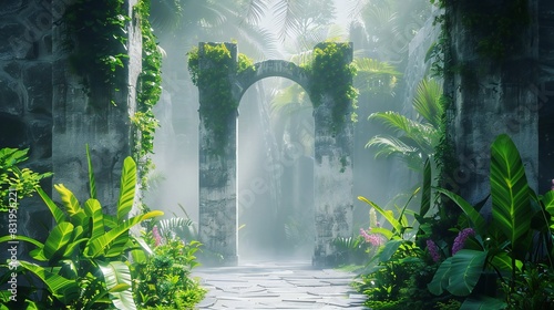 Tranquil Gateway  Towering walls mark the entrance to a tranquil oasis within the surreal garden  inviting weary travelers to find solace.