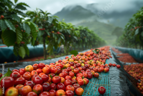 there are many ripe cherries on a table in a field