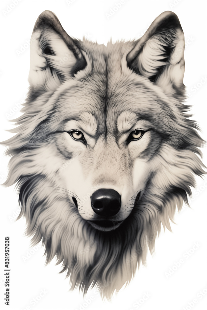 a close up of a wolfs head with a white background