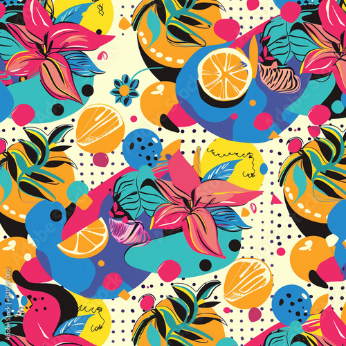 a close up of a colorful pattern with fruit and leaves
