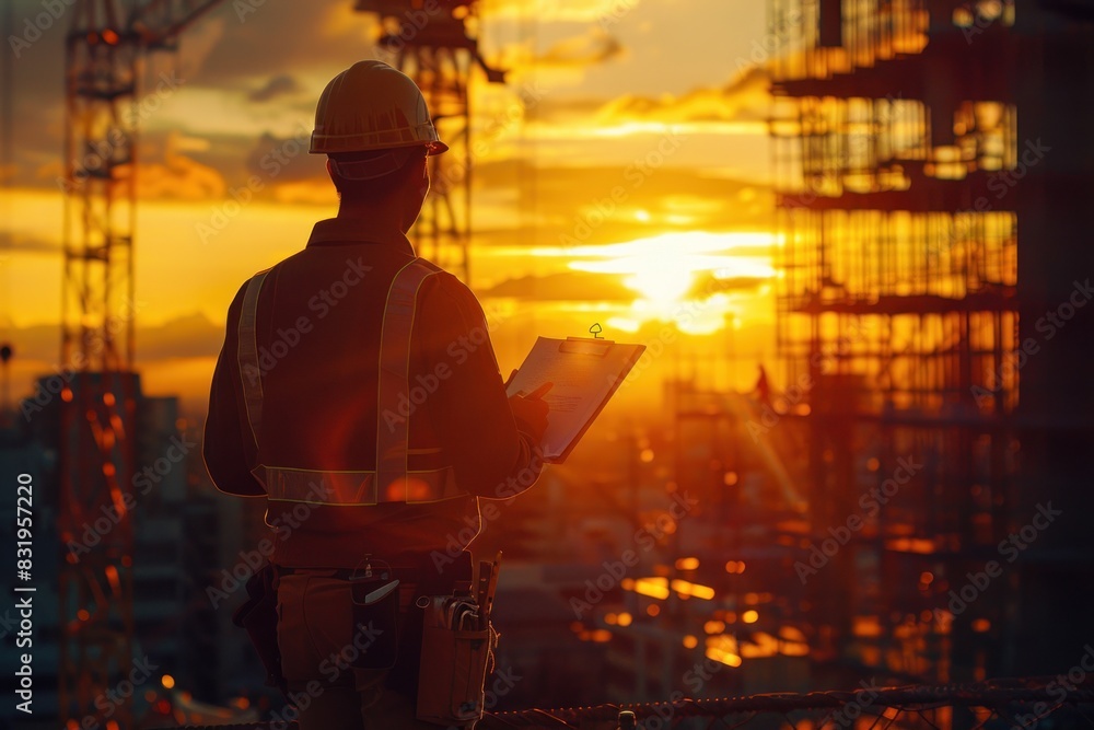 As the sun sets behind a sprawling construction site, an engineer's silhouette emerges prominently in the foreground. The engineer, equipped with a hard hat and a clipboard, appears deep in thought,