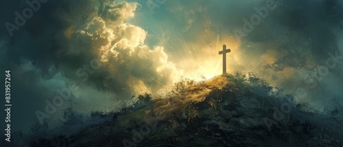 A solitary cross illuminated by a sunset on a hill, symbolizing hope, faith, and serenity under dramatic clouds and vibrant sky.