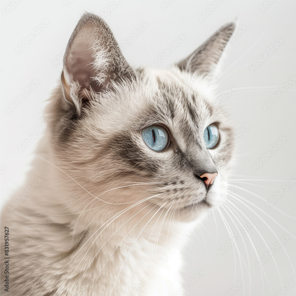 there is a cat with blue eyes looking up at something