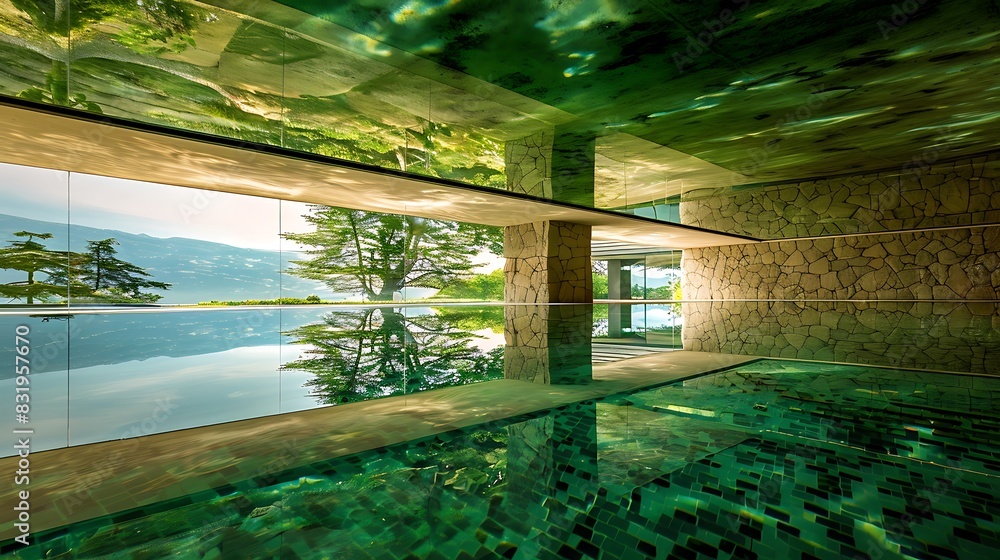 Fototapeta premium A pool with a mirrored ceiling, creating a mesmerizing illusion of depth and infinity