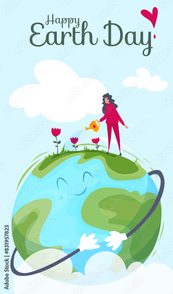 Fototapeta premium Earth Day card. Colorful poster with woman watering blooming flowers and plants on planet surface. Character cares about nature and ecology. Environment Protection. Cartoon flat vector illustration