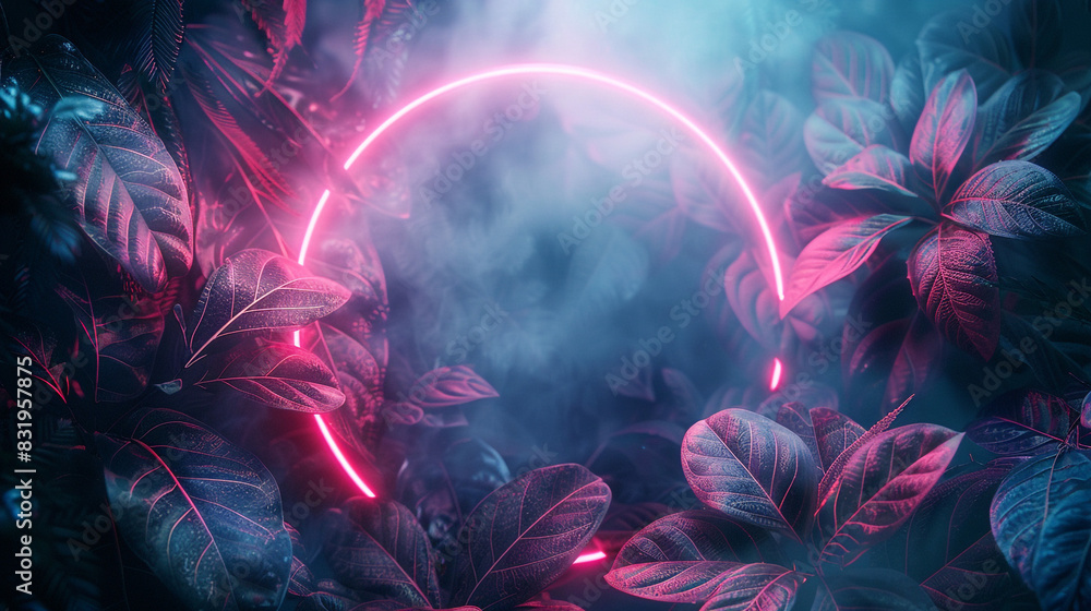 Fototapeta premium Neon Light glowing circle and around the outside of the circle green Tropical Leaves abstract the background.