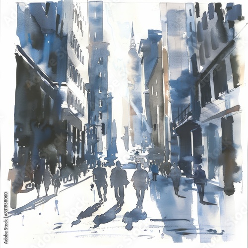 Watercolor painting of a bustling city street, with tall buildings casting deep shadows that create pockets of cool relief for pedestrians on a sunny day,Generative AI
