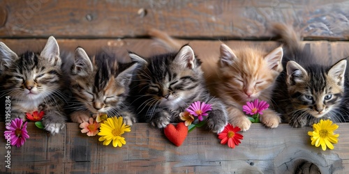 Various colored kittens with flowers and hearts some sleeping and playing. Concept Colorful Kittens, Flowers, Hearts, Sleeping Cats, Playing Kittens photo