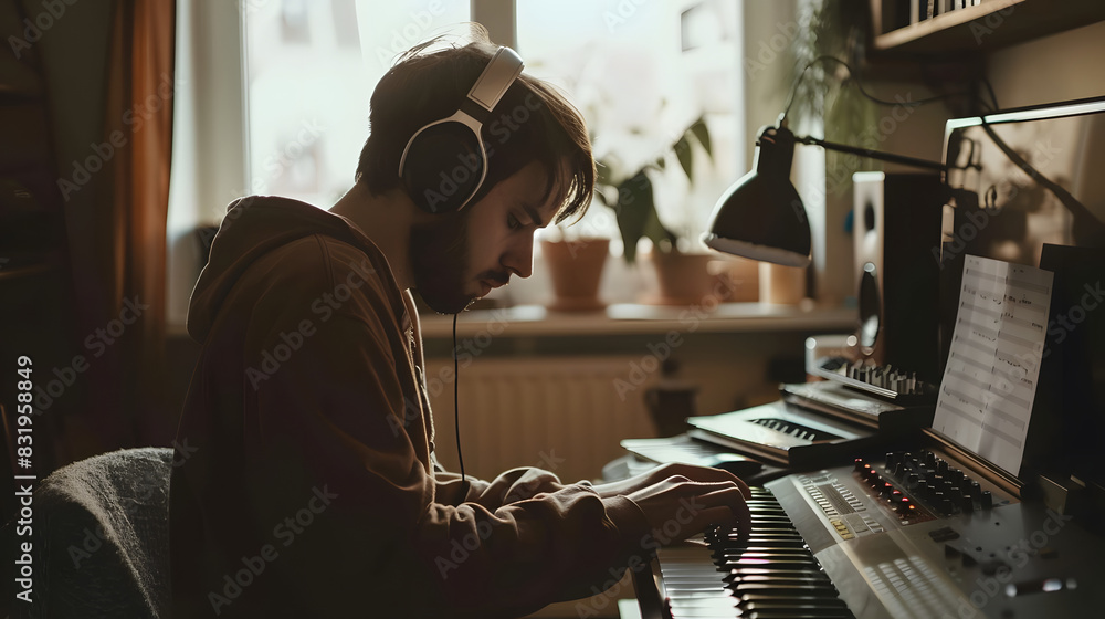 Male composer wearing headphones composing music at home studio