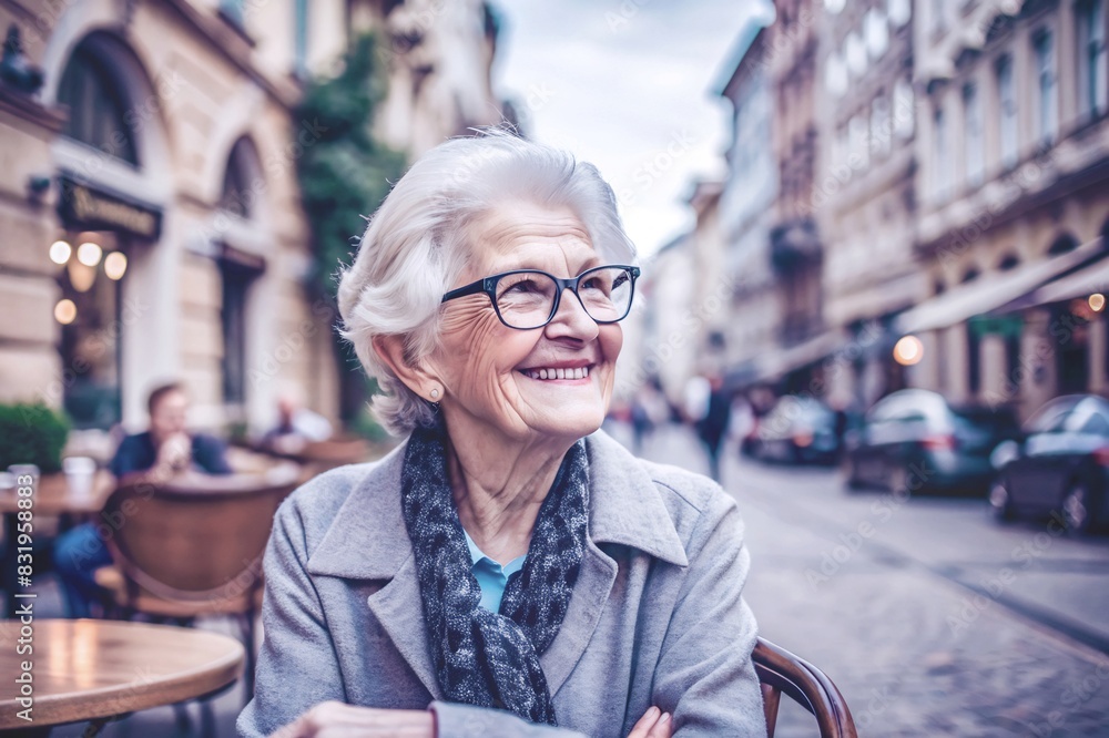 An elderly woman finds a moment of tranquility at a bustling street cafe. Her serene demeanor contrasts with the vibrant city life blurred in the background. An elderly woman finds a moment of tranquility at a bustling street cafe. Her serene demeanor contrasts with the vibrant city life blurred in the background.