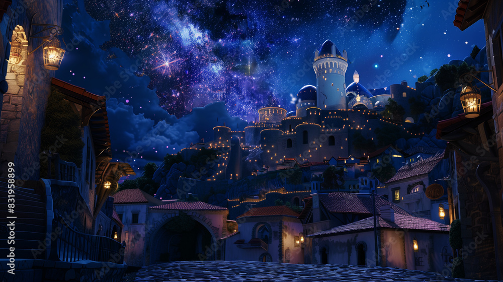 nighttime scene of a castle with a starr sky and a street