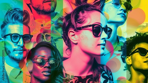 A colorful collage of people with sunglasses and glasses