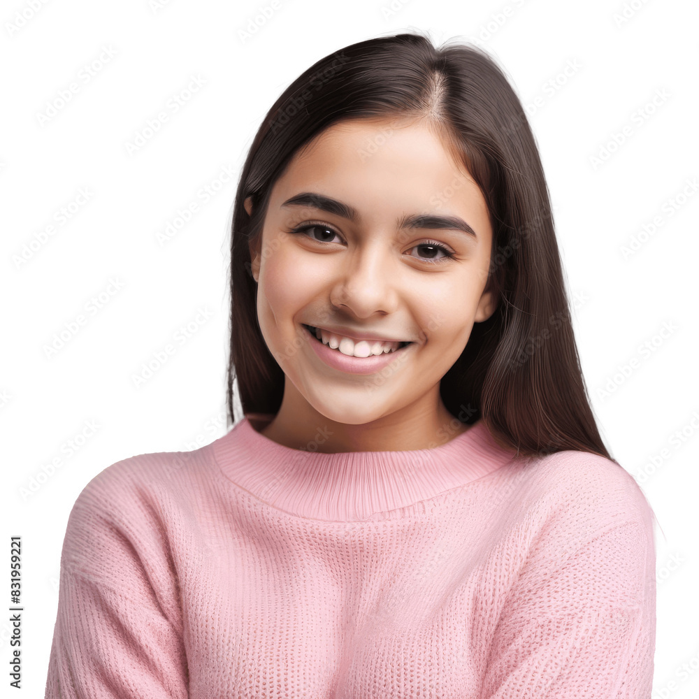 portrait of a smiling hispanic woman in pink sweater isolated on transparent background portrait of a smiling hispanic woman in pink sweater isolated on transparent background