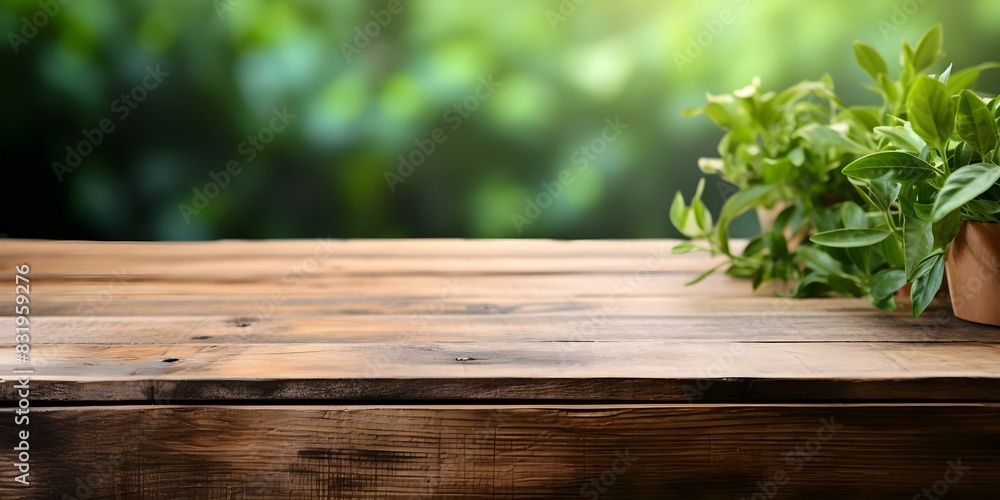 Corner of a wooden table with green blurred background, perfect for product advertising. Concept Product Photography, Wooden Table, Green Background, Advertising, Visual Branding Corner of a wooden table with green blurred background, perfect for product advertising. Concept Product Photography, Wooden Table, Green Background, Advertising, Visual Branding