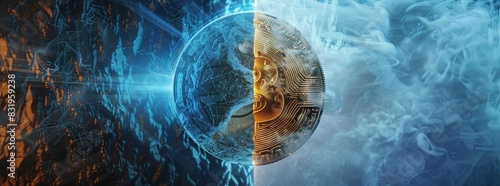 A conceptual image of a Bitcoin being literally split into two halves, with digital and futuristic elements surrounding it, symbolizing the halving photo