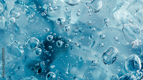 a close up of a bunch of bubbles floating in a blue liquid