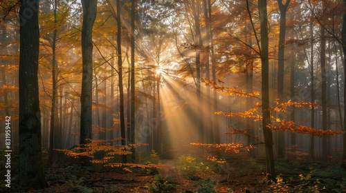 sunlight shining through the trees in a forest with leaves