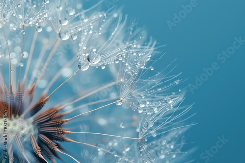 Elegant dandelion seeds with dewdrops, beautifully detailed in a macro photograph against a light blue backdrop