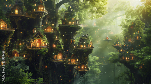 there is a picture of a fantasy city in the middle of the forest