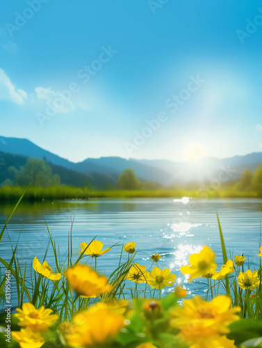 yellow flowers in the foreground of a lake with mountains in the background © Tasfia Ahmed