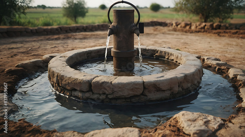 An old Traditional vintage stone or cement water well of cattle filled with water, circular well closeup
 photo