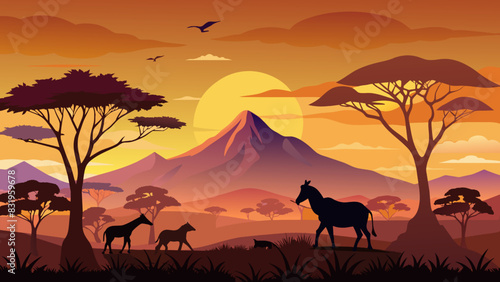 African savannah landscape with wild animals silhouettes at sunset vector illustration