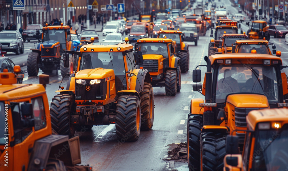 So Many Tractors Blocked City Streets and Caused Traffic Jams in The City, The Concept of Agricultural Workers Protesting Against Tax Increases, Generative AI. So Many Tractors Blocked City Streets and Caused Traffic Jams in The City, The Concept of Agricultural Workers Protesting Against Tax Increases, Generative AI.