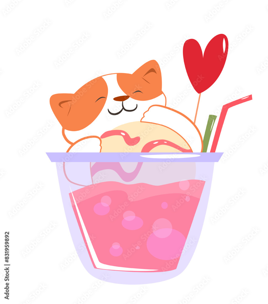 Summer cocktail with kitten. Kawaii cat in glass of refreshing soda with scoop of ice cream. Fruit juice, drink or shake with furry pet. Cartoon flat vector illustration isolated on white background Summer cocktail with kitten. Kawaii cat in glass of refreshing soda with scoop of ice cream. Fruit juice, drink or shake with furry pet. Cartoon flat vector illustration isolated on white background