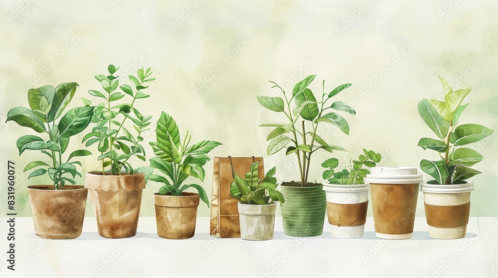A collection of various potted plants aligned in a row on a light background, showcasing greenery in different pot styles. A collection of various potted plants aligned in a row on a light background, showcasing greenery in different pot styles.