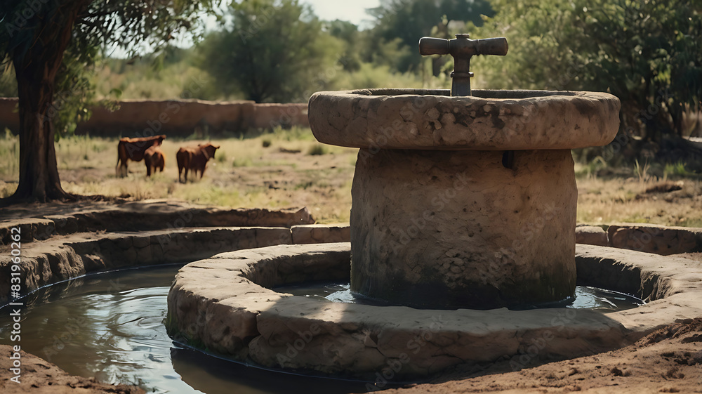 An old Traditional vintage stone or cement water well of cattle filled with water, circular well closeup
