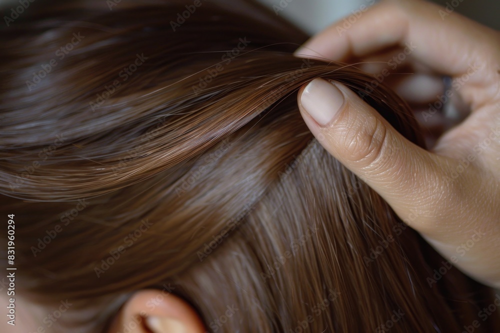 Obraz premium A woman's hand gently touches luxurious long brown locks, revealing the rich color, shiny texture and delightful health of the hair