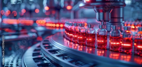 A close-up view of an advanced pharmaceutical manufacturing line, showcasing sterile vials being processed under red lights.