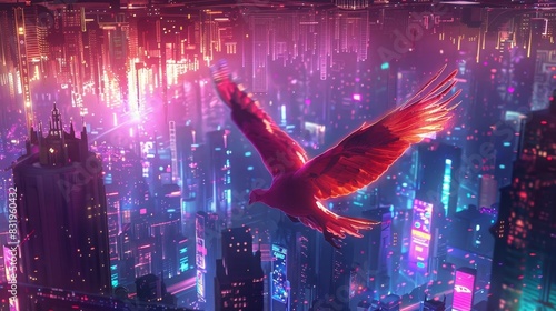 A phoenix flying above a futuristic cityscape with neon lights and holographic projections of various cryptocurrencies in the background representing the merging of finance and technology. photo