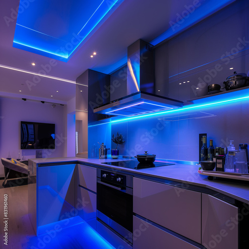 arafed kitchen with a blue light under the hood