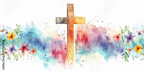 Christian cross clipart with watercolor Easter theme border and banner, Generative AI