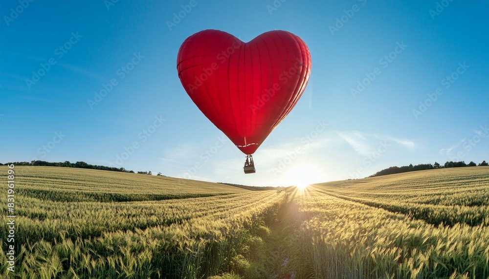 Fototapeta premium A heart-shaped balloon, soaring high in the clear, azure sky, kissed by the warmth of the sun.
