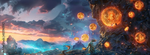 A fantasy landscape where mythical creatures guard a mountain made of glowing Bitcoin icons, representing the scarcity post-halving.