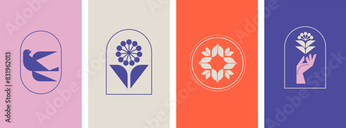 Minimalist Botanic graphic elements and logos. Flowers, simple plants and shapes vector illustrations. Modern Nordic design